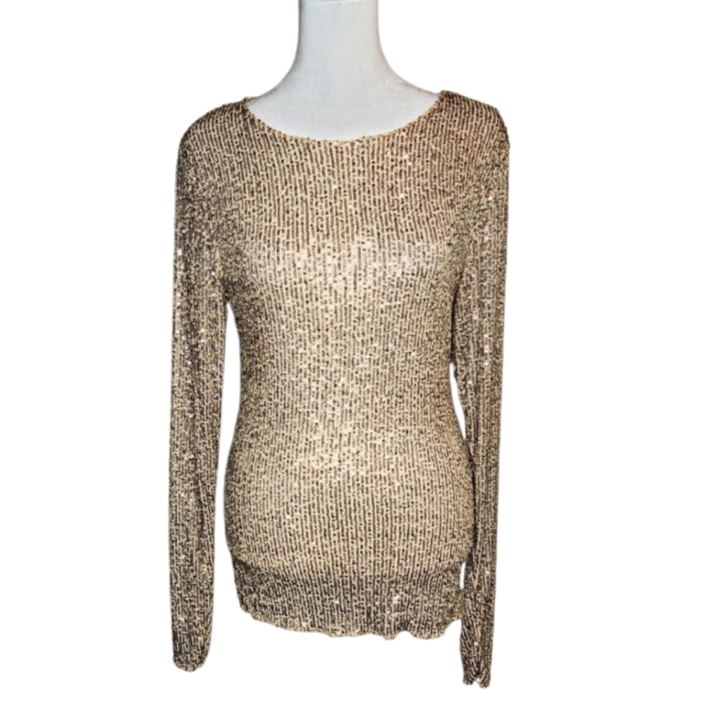 Free People Gold Sequin Long Sleeve Top